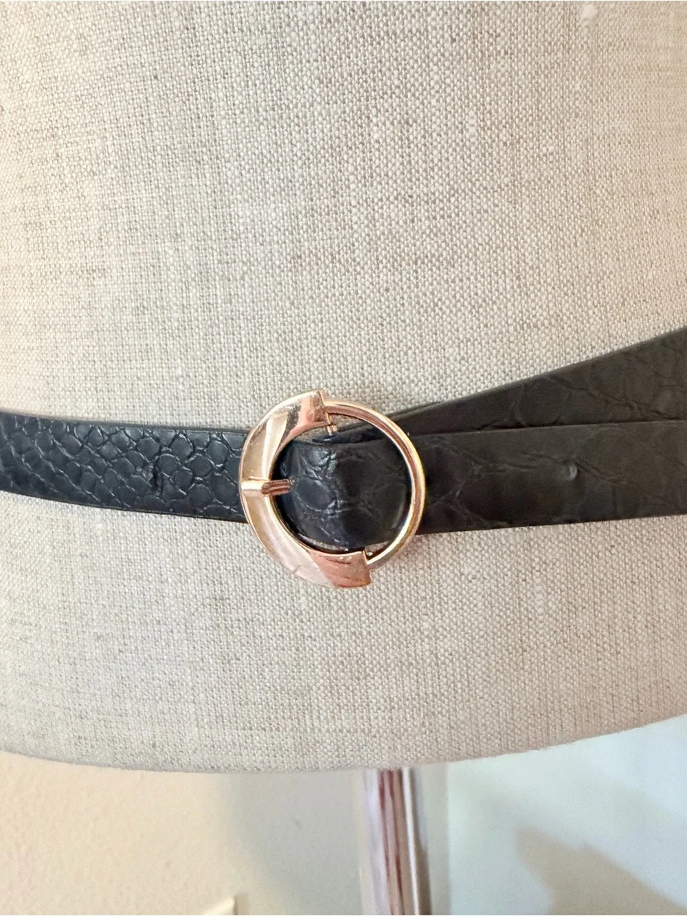 Women’s Slim Black Faux Leather Belt with Gold Ring Buckle 43 inches